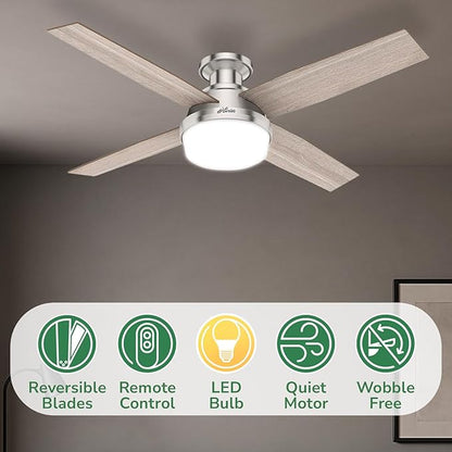 Hunter 52 inch Indoor Ceiling Fan with LED Light and Remote Control- Modern Ceiling Fan, Low Profile Mount, 4 Light Gray Oak Blades, For Bedroom, Living Room, or Kitchen- Dempsey 50283, Brushed Nickel