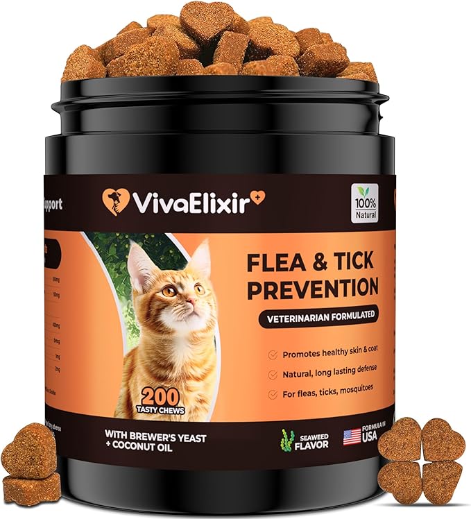 Flea & Tick Treatment for Cats – Natural Flea, Tick & Mosquito Prevention with Brewer’s Yeast, Coconut Oil – Skin & Coat Health, Immune Support – Vet Formulated 200 Chews-Mewly Pet