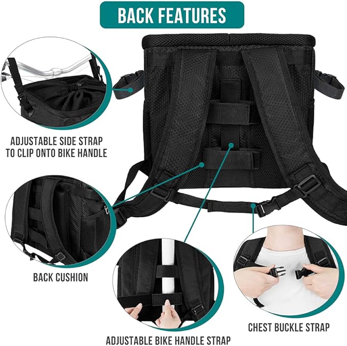 PetAmi Dog Bike Basket, Soft-Sided Ventilated Dog Bike Carrier Backpack, Pet Bicycle Basket for Bike Handlebar, Small Medium Puppy Cat Kitten Car Booster Seat with Safety Strap, Max 18 lbs, Black-Mewly Pet