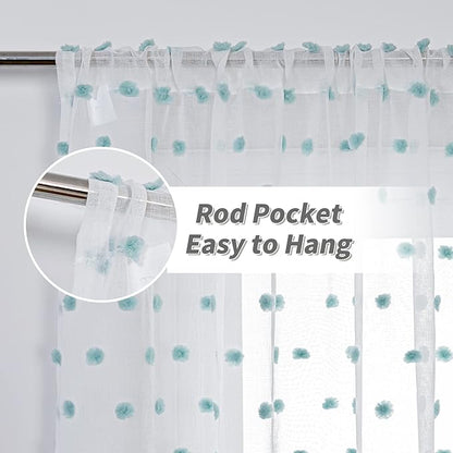 MYSKY HOME 108 Inch Long Large Pom Pom Sheer Curtains for Living Room - Aqua White, Light Filtering, Rod Pocket Window Panels - 38 x 108 inch, 2 Pieces