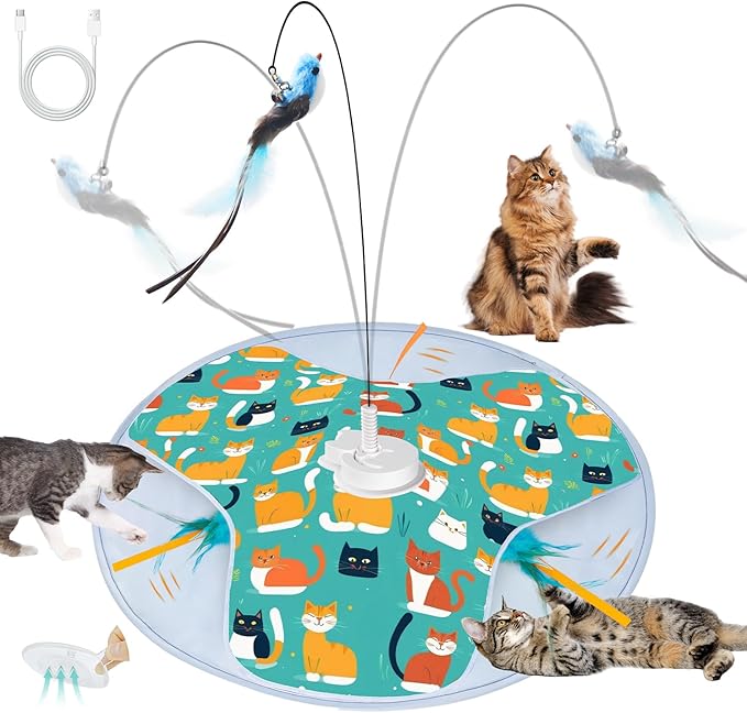 Interactive Cat Toys, 2025 Upgraded Automatic Cat Toy for Indoor Cat, Kitten Toys for Bored Indoor Adult Cats, Hide and Seek Cat Toy with Moving Feather, USB Rechargeable-Mewly Pet