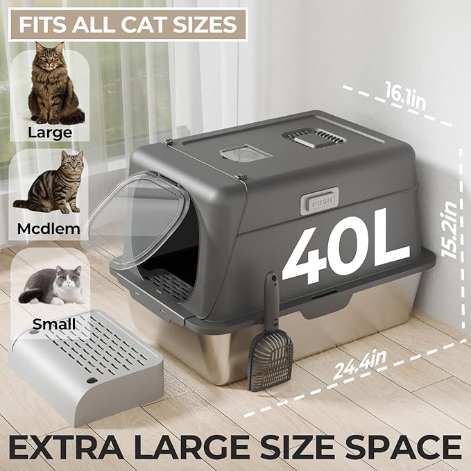 XX-Large Stainless Steel Cat Litter Box with Lid – Fully Enclosed Large Litter Box for Big Cats, Odor Control with Magnetic Door, Easy Clean, Multi-Cat Durable Metal Pan (Natural Color)-Mewly Pet