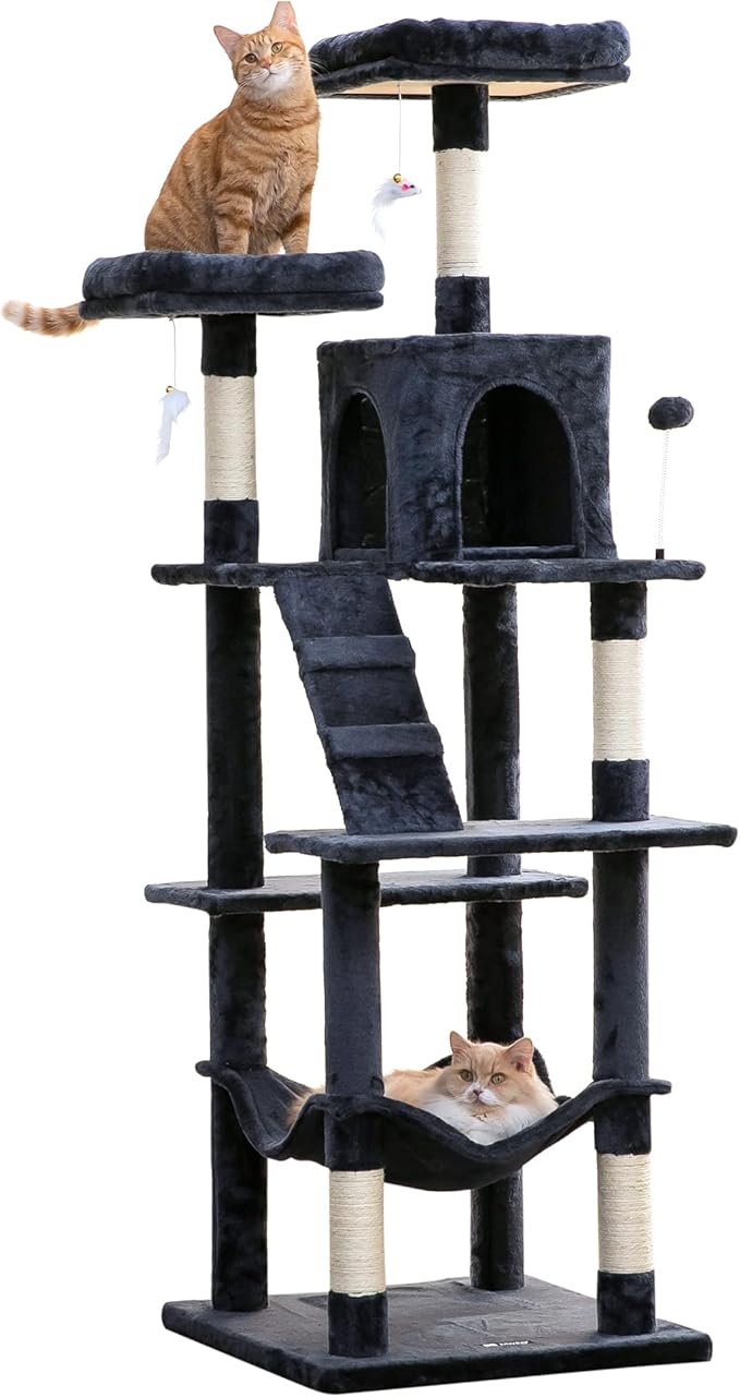 MWPO 70.1-Inch Large Cat Tree, Multi-Level Tall Cat Tower for Indoor Cats, Plush Cat Condo with Big Padded Perches, Sisal-Covered Scratching Posts, Hammock, Toys for Kittens & Cats - Smoky Grey-Mewly Pet