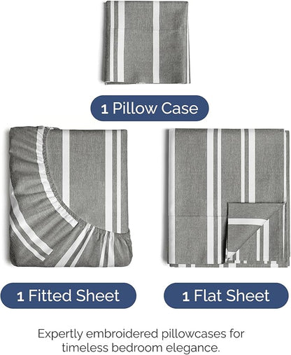 Twin Size 3 Piece Sheet Set - Comfy Breathable & Cooling Bed Sheets Set - Hotel Luxury Bedding for Women, Men, Kids, Teens, Boys & Girls - Deep Pockets, Soft, Wrinkle Free - Oeko-Tex - Grey Stripes 3