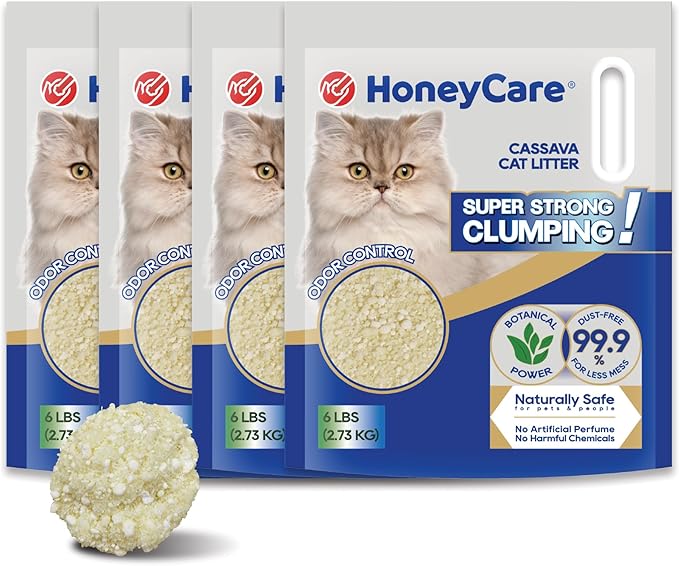 HoneyCare Cassava Cat Litter | Natural Plant-Based Litter | Quick Clumping & Low Dust | Superior Odor Control | Sustainable & Flushable Formula | 24-lbs Value Pack (6 lbs x 4)-Mewly Pet