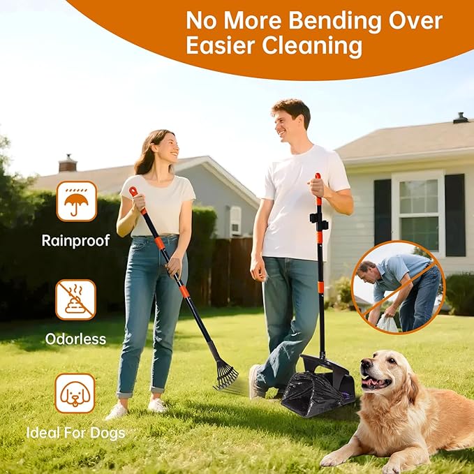 Dog Pooper Scooper with Bags & Dispenser - 37.4" Long Durable Metal Handle Swivel Bin & Rake & Spade Kit, Large Capacity Portable Pooper Scooper for Yards，Easy to Assemble-Mewly Pet
