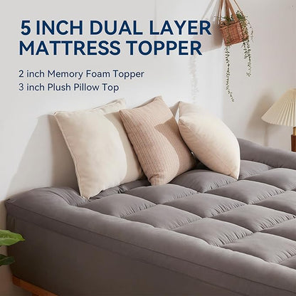 BDEUS Dual Layer 5 Inch Memory Foam Mattress Topper California King Size, 2 Inch Gel Memory Foam Plus 3 Inch 1450 GSM Down Alternative Quilted Pillow Top Mattress Pad Cover,Dark Gray