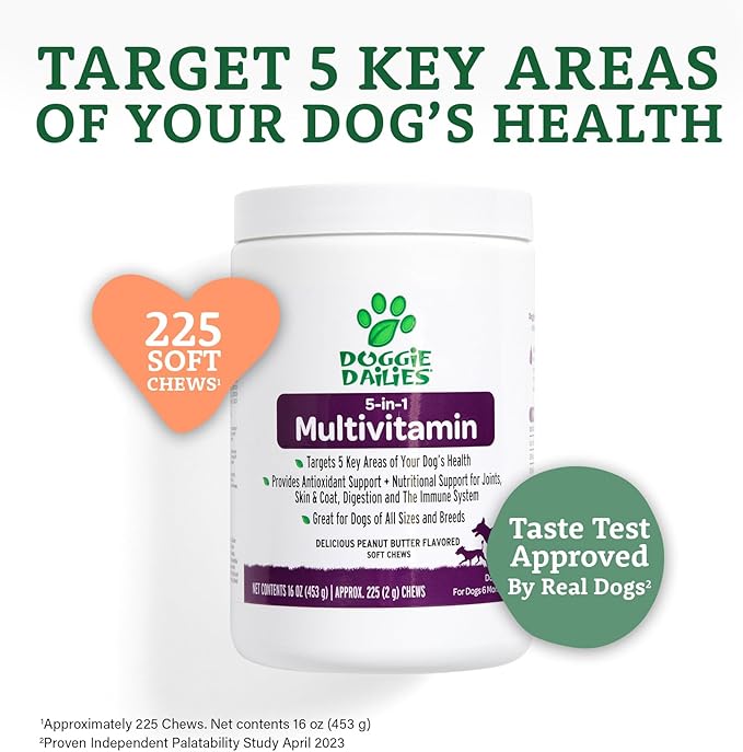 Doggie Dailies 5 in 1 Multivitamin for Dogs, Dog Multivitamin for Skin and Coat Health, Joint Health, Improved Digestion, Antioxidants, Support a Healthy Immune System (Peanut Butter) 225 Soft Chews-Mewly Pet