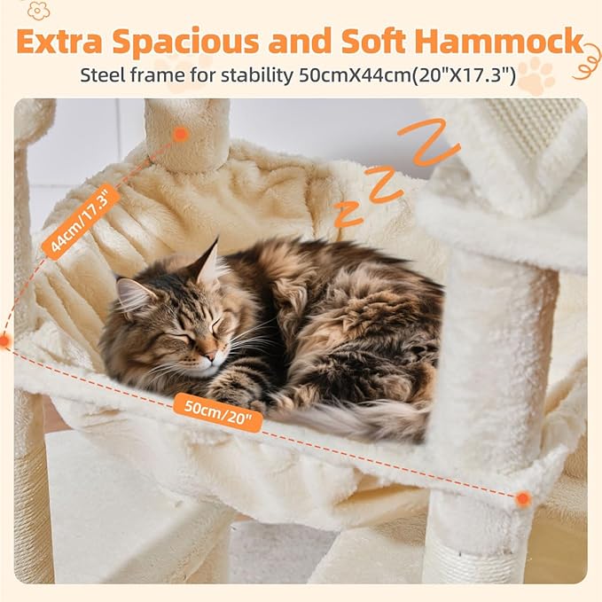 Taoqimiao Cat Tree 71-Inch, Cat Tower for Indoor Cats Large Adult, Multi-Level Large Cat Condo, 8 Sisal Scratching Posts, Metal Frame Cozy Hammock, Scratch Board, 2 Top Perches, Beige MS026LM-Mewly Pet