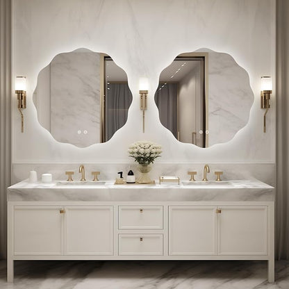 WallBeyond LED Bathroom Mirror with Lights, 28'' Wavy Round Light Up Bathroom Mirror, Anti Fog Led Mirror for Bathroom, 3 Colors and Dimmable Light