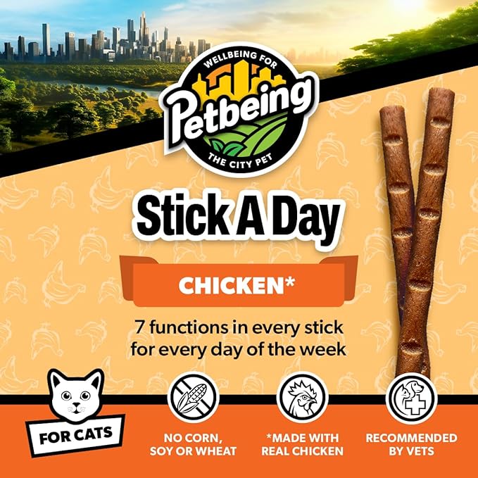 Stick a Day | Specially Formulated 7-in-1 Functions Daily Real Meat Supplement for Cats | Cat Chew Stick & Pet Vitamins Supplements Combination (7-Pack x 4, Chicken)-Mewly Pet
