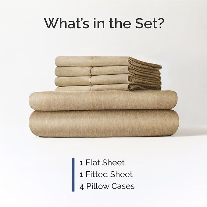 King 6 Piece Sheet Set - Comfy Breathable & Cooling - Ultra Soft Hotel Luxury Bedding Set w/ 8-16 Inch Deep Pockets - 1 Flat & 1 Fitted Sheet & 4 Pillowcases - Wrinkle Free & Easy Care - Heathered Tan