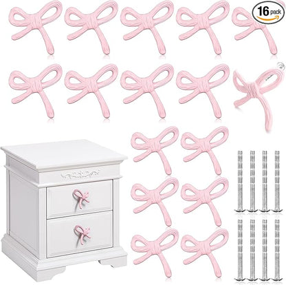 16 Pcs Bow Knobs for Dresser Matel Bow Drawer Knobs Vintage Dresser Handles Cabinet Drawer Pulls for Home Bedroom Kitchen Cabinets Hardware Cupboard (Pink,Classic Style)