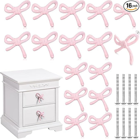 16 Pcs Bow Knobs for Dresser Matel Bow Drawer Knobs Vintage Dresser Handles Cabinet Drawer Pulls for Home Bedroom Kitchen Cabinets Hardware Cupboard (Pink,Classic Style)