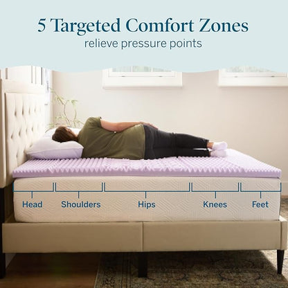 LUCID Lavender Infused 2 Inch Memory Foam Mattress Topper with 5 Zones – Twin XL Size – Plush Feel – CertiPUR Certified – Dorm Room Essentials