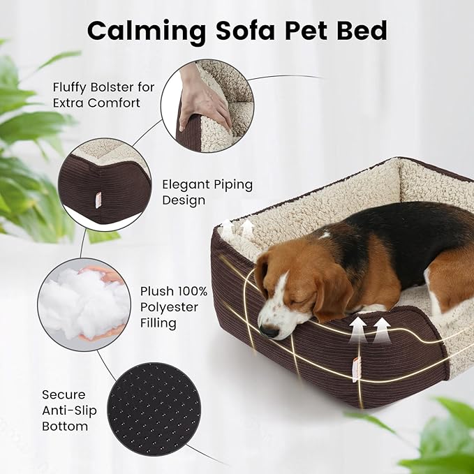 Miguel Washable Dog & Cat Bed with Removable Cushion for Medium & Small Dogs, Easy to Wash Pet Sofa Bed with Side Bolster, Anti-Slip Bottom, Brown, 30 Inch Rectangle-Mewly Pet