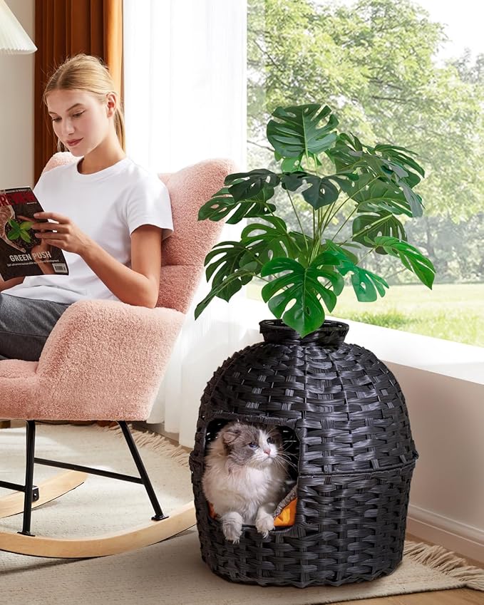 Cat Litter Box Plant Furniture Enclosure, Hidden Handwoven Rattan with Cat Litter Box and Artificial Plants, Odor Control Filter, Real Stones in Living Room, Bedroom, Corner (Black)-Mewly Pet