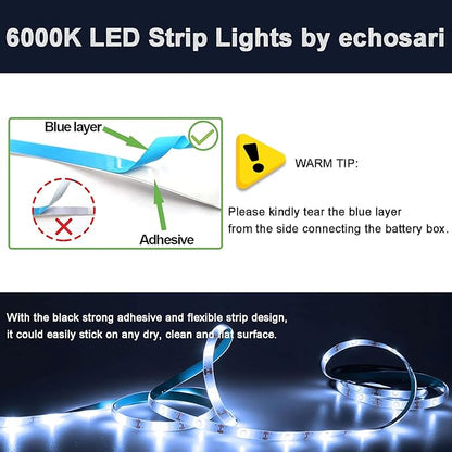 echosari Battery Operated Led Strip Lights White with Remote, 8 Modes, Dimmable, Timer, Self-Adhesive, Cuttable, for PC TV Kitchen Cabinet Shelves Bedroom Decor (3m 90LED)