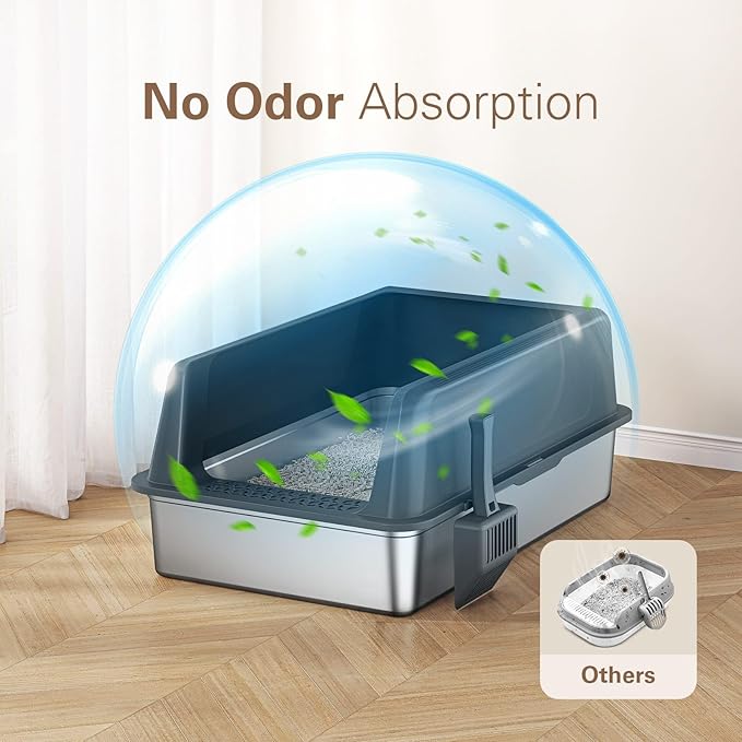 Zarler XXL Stainless Steel Litter Box for Cats, Extra Large Metal Cat Litter Box with Lid, High Sided Non-Stick Design, Leak Proof and Rust Resistant, 28 x 20 x 13 Inches, Black-Mewly Pet