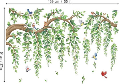 wondever Large Tree Branch Hanging Vine Wall Stickers Green Leaf Flower Birds Peel and Stick Wall Art Decals for Living Room Bedroom TV Wall