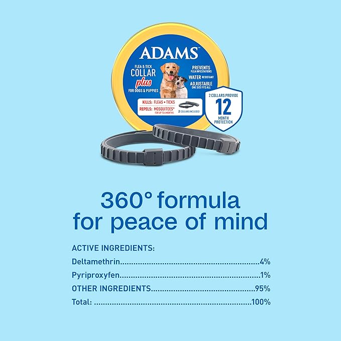 Adams Flea & Tick Collar Plus for Dogs & Puppies |2 Pack |12-Month Protection |One Size Fits All Dogs & Puppies 12 Weeks and Older |Kills Fleas and Ticks |Repels Mosquitoes (excluding California)-Mewly Pet