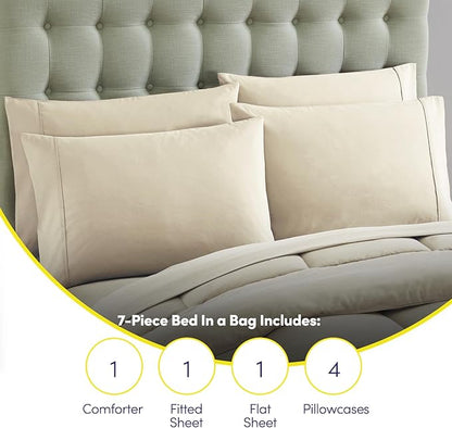 King Size Comforter Set with Sheets - 7-Piece Bedding Collection - 1 Comforter, 1 Fitted Sheet, 1 Flat, 4 Pillowcases - Deep Pocket - Soft & Breathable Premium Quality - Ideal for All Seasons, Beige