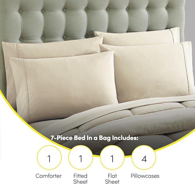 Sweet Home Collection 7 Piece Comforter Set Bag Solid Color All Season Soft Down Alternative Blanket & Luxurious Microfiber Bed Sheets, Beige, Queen