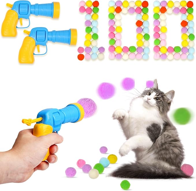100Pcs Cat Toys Pom Pom Balls with 2 Launchers Set, Interactive Cat Toy Stuff for Indoor Both Adult & Kitten Toys-Mewly Pet