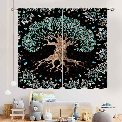 Tree of Life Curtains, Hippie Green Leaves Tree Life Vikings Celtic Nordic Aesthetic Mythology Window Drapery Treatments for Bedroom Living Room Bathroom 2 Panels, 42"x63" Inch