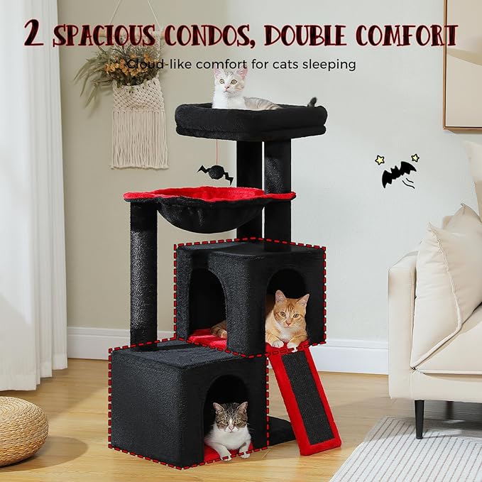 PAWZ Road Large Cat Tree, 41 Inches Gothic Cat Tower with 2 Spacious Condos for Indoor Cats, Large Black Cat House with Comfy Hammock, Padded Perch, Scratching Pad and Replaceable Balls-Black-Mewly Pet