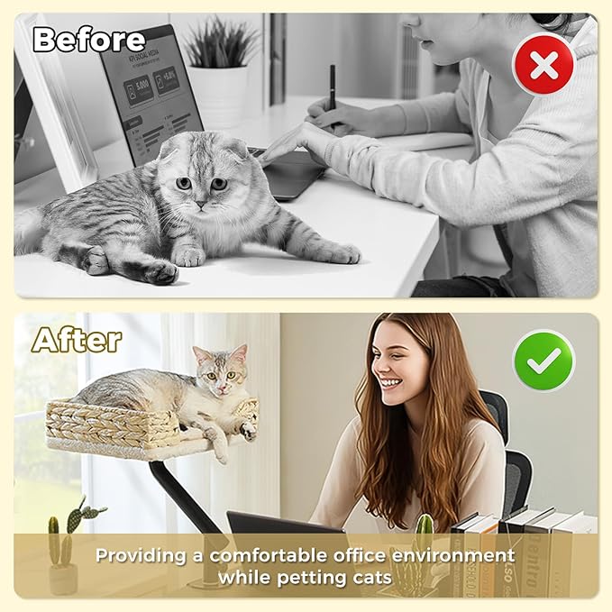 PAWZ Road Cat Desk Bed for Indoor Cats, Wicker Cat Bed for Desk Supports Up to 50 lbs, 360° Rotation & Adjustable Soft Plush Cats Hammock for Desktop, White-Mewly Pet