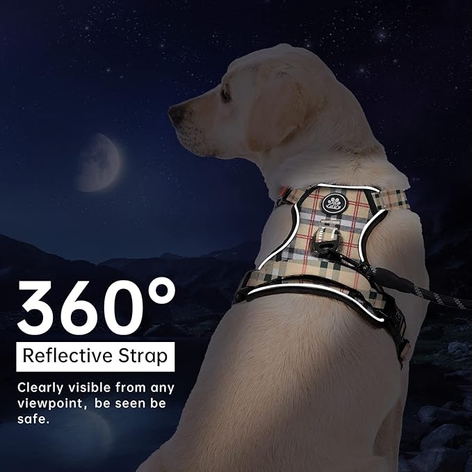 IVY&LANE No Pull Dog Harness with Leash Set, Reflective No Choke Pet Vest,Adjustable Oxford Dog Vest Harness with Easy Control Handle for Medium Lagre Dogs (Checkered Beige,M)-Mewly Pet