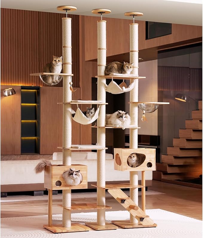Wood Cat Tree for Indoor Cats, Modern Cat Tower, Unique Cat Condo with House, Tall Luxury Furniture with Heavy Duty Wide Base, Kraft Paper Rope Scratching Post, Removable Cushion (96.5-118.1 inch)-Mewly Pet