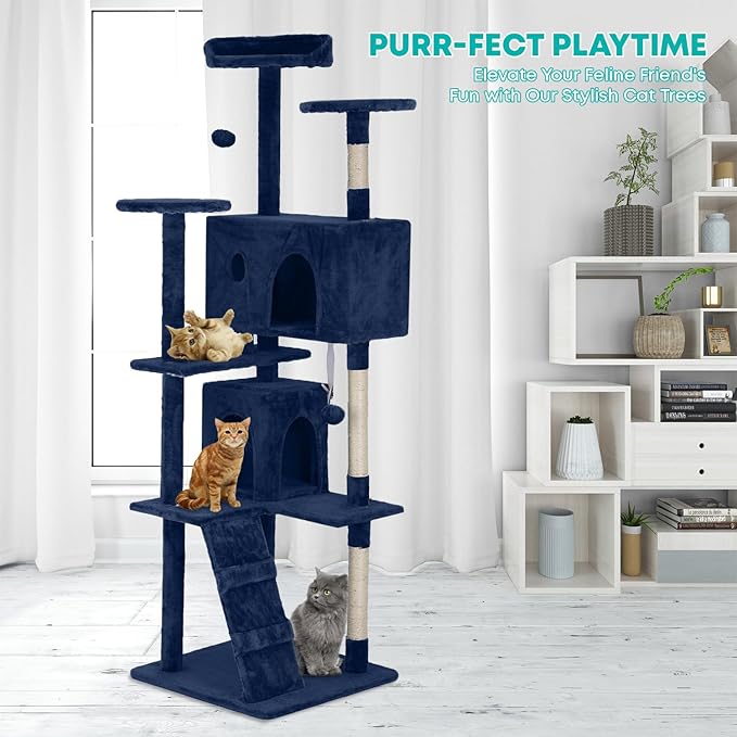 FDW Cat Tree 70in Cat Tower Multi-Level Durable Cat Scratching Post & Cozy Fun Cat Jumping Platform Space Saving Cat Condo Pet Play House for Indoor Cats,Navy Blue-Mewly Pet