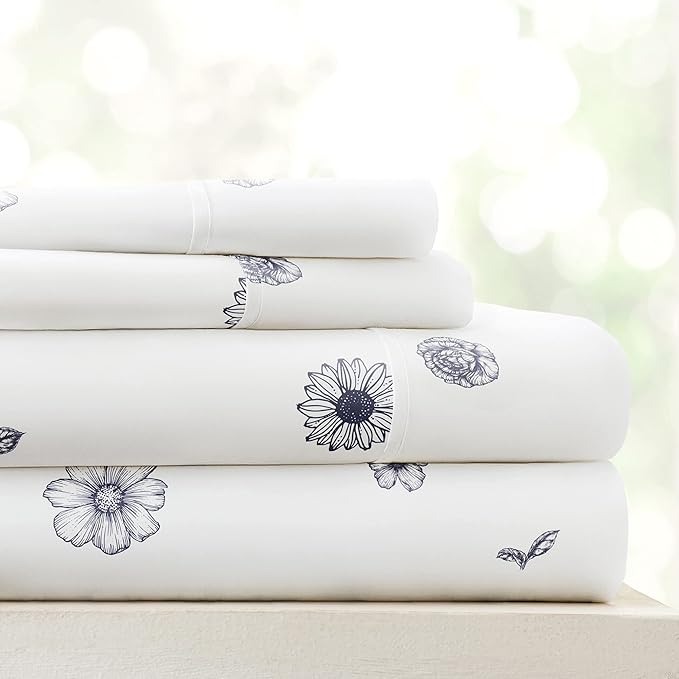 Linen Market Double-Brushed Patterned Microfiber Full Sheet Set 4 Piece – Oeko-TEX Certified Ultra Soft & Wrinkle-Free - 16" Deep Pocket Sheets - Easy Care Full Size - Indigo Flowers Navy
