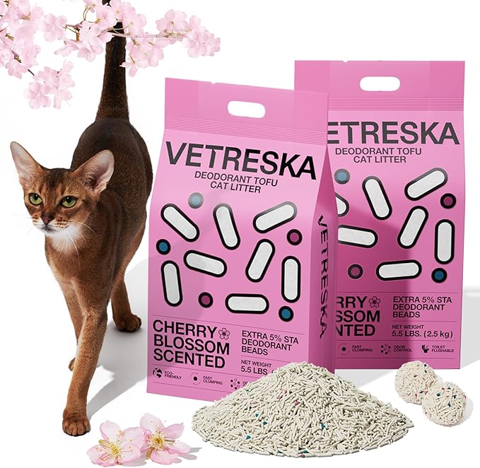 VETRESKA Cherry Blossom Tofu Cat Litter,Natural Kitty Litter Strong Clumping Flushable Cat Litter Pellets Ultra Absorbent,Dust-Free,Low Tracking,Deodorant Tofu Litter Compostable(5.5lb×2bags)-Mewly Pet