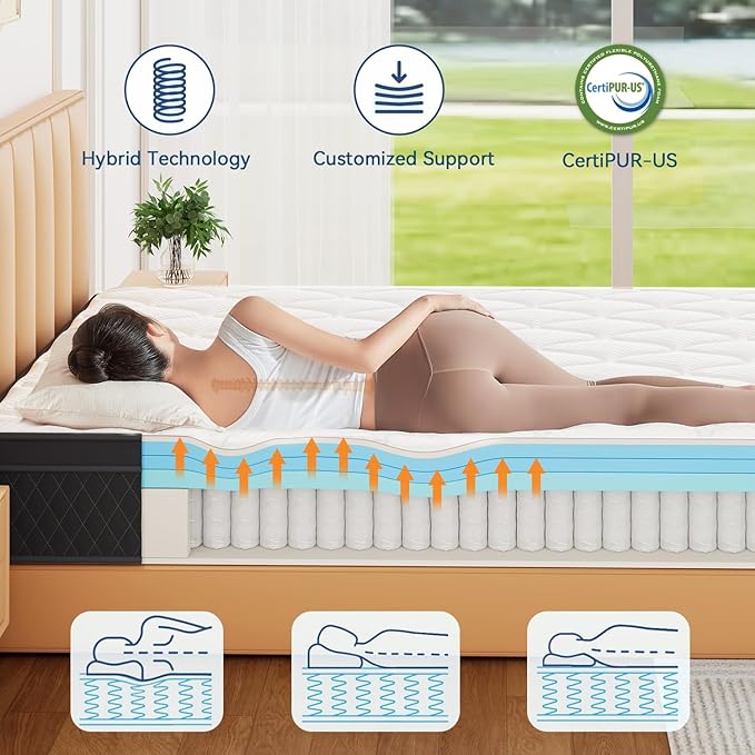 ELEMUSE 12 Inch Cal King Mattress in a Box, Memory Foam Hybrid Mattress with Individually Pocketed Springs for Isolate Motion, Pressure Relief, CertiPUR-US Certified