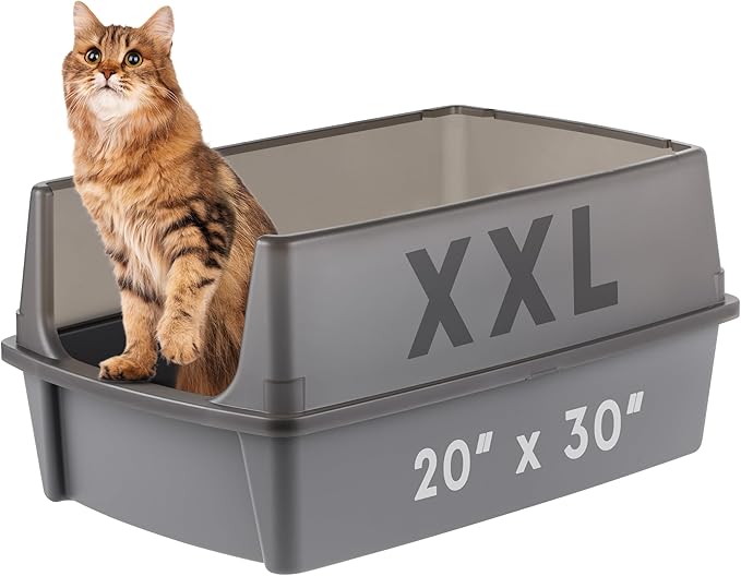 IRIS USA XX-Large Cat Litter Box, Open Top Extra Large Litter Box for Big Cats and Multi-Cat Households, High Sided Scatter Shield, Easy to Clean, 30" L x 20" W x 14" H, Gray-Mewly Pet