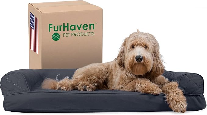 Furhaven Cooling Gel Dog Bed for Large/Medium Dogs w/ Removable Bolsters & Washable Cover, For Dogs Up to 55 lbs - Quilted Sofa - Iron Gray, Large-Mewly Pet