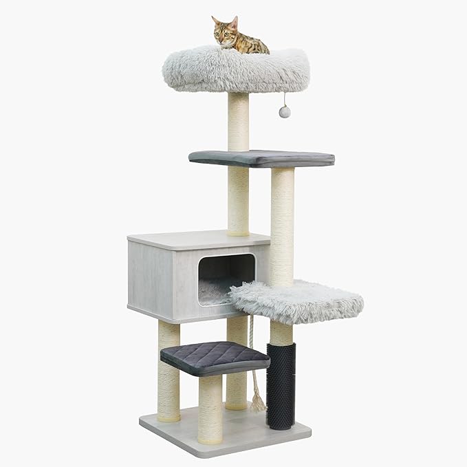 Catry Kasio 6 Level 54" High Modern Cat Tree with Laminated Wood Condo,Replaceable Scratching Posts,Removeable Washable Beds, Self Grooming Brush and Toys.(Light Gray)-Mewly Pet