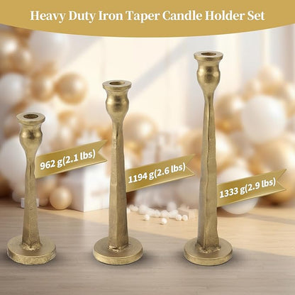 Heavy Duty Cast Iron Antique Brass Gold Candlestick Holders Set of 3,Tall Taper Candle Holders,Table Vintage Decor Centerpiece Candle Holders for Fireplace Party Dining Home