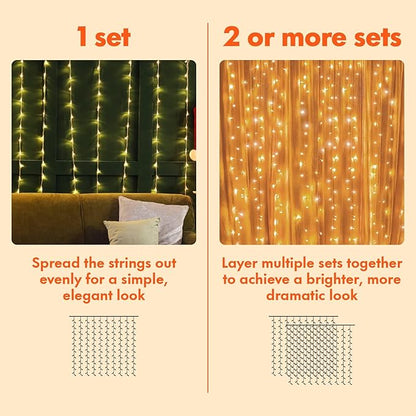 Twinkle Star 300 LED Window Fairy Curtain String Lights, 8 Modes Fairy Lights for Bedroom Wedding Party Home Garden Outdoor Indoor Wall Decorations, Warm White, 2 Pack