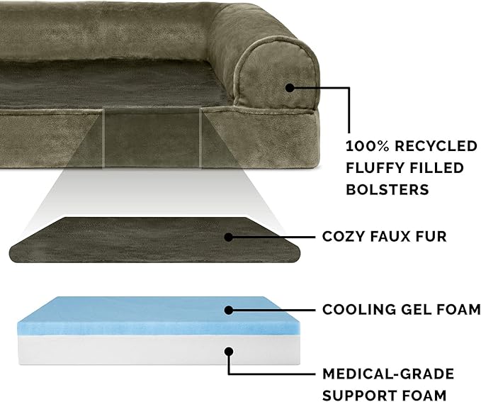 Furhaven Cooling Gel Dog Bed for Large Dogs w/ Removable Bolsters & Washable Cover, For Dogs Up to 125 lbs - Faux Fur & Velvet Sofa - Dark Sage, Jumbo Plus/XXL-Mewly Pet