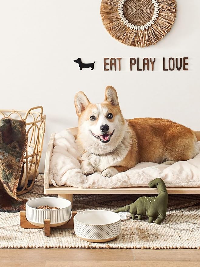 Ceramic Dog Bowls for Medium Small Dogs - 4 Cup Medium Dog Food and Water Bowls with Wood Stand, Cute Pet Dishes Set of 2, Lines+Dot-Mewly Pet