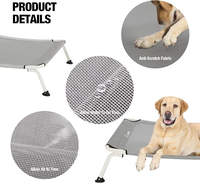 Veehoo Elevated Dog Bed for Outdoor, Cooling Waterproof Raised Dog Cots Beds for Medium Dogs, Curved Off Ground Pet Hammock Cot Lifted for Outside, up to 65lbs, White Legs, Grey 32"-Mewly Pet
