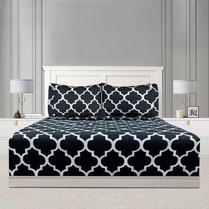 Mejoroom Queen Bed Sheet Set - Super Soft Brushed Microfiber 1800 Thread Count Queen Sheets with 16 inch Deep Pocket - Wrinkle Free - 4 Piece(Queen, Black Quatrefoil with White Pattern)