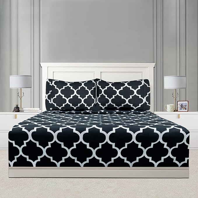 Mejoroom Full Bed Sheet Set - Super Soft Brushed Microfiber 1800 Thread Count Sheets with 16inches Deep Pocket - Wrinkle Free - 4 Piece(Full, Black Quatrefoil with White Pattern)