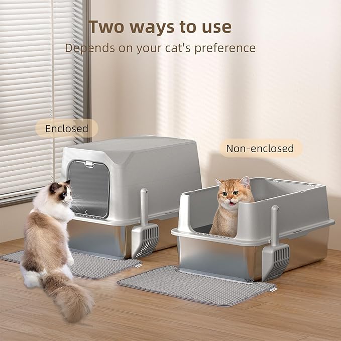 Stainless Steel Cat Litter Box with Lid, Extra Large, Great for Large & Small Cats, Easy to Clean, Anti-Leakage, Non-Sticky, Multifunctional 2 in-1 Metal Cat Litter Box - Light Gray-Mewly Pet