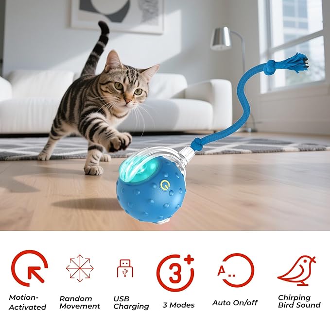 Interactive Cat Toys Ball - 2025 New Gen with Smart Obstacle Avoidance,Bird Chirps & Auto Wake-Up,Includes 1 Speedy Tail 2.0 Ropes, Ideal Kitten Toys for Bored Indoor Cats (Blue)-Mewly Pet