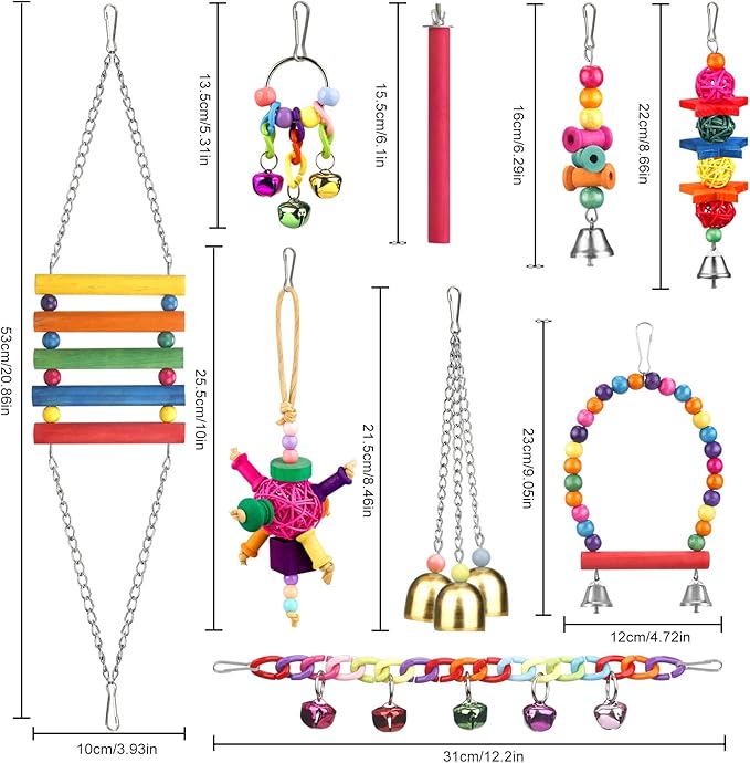 Bird Toys for Conures with Colorful Ladder Hammock Bird Cage Accerious Bird Perch Stand Chewing Toys Hanging Bell for Parrot Parakeet Cockatiel Lovebirds-Mewly Pet